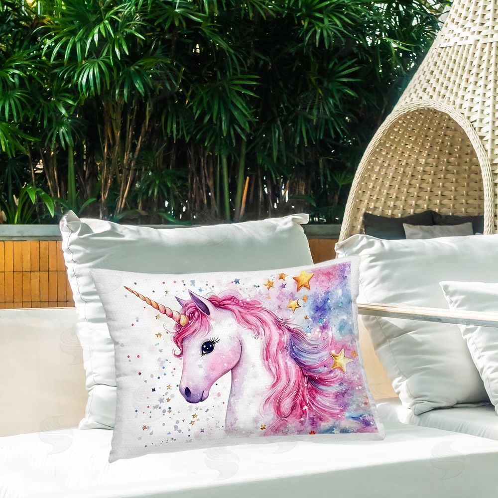 Creative Studio Pink Mane Unicorn with Stars Printed Throw Pillow on Patio