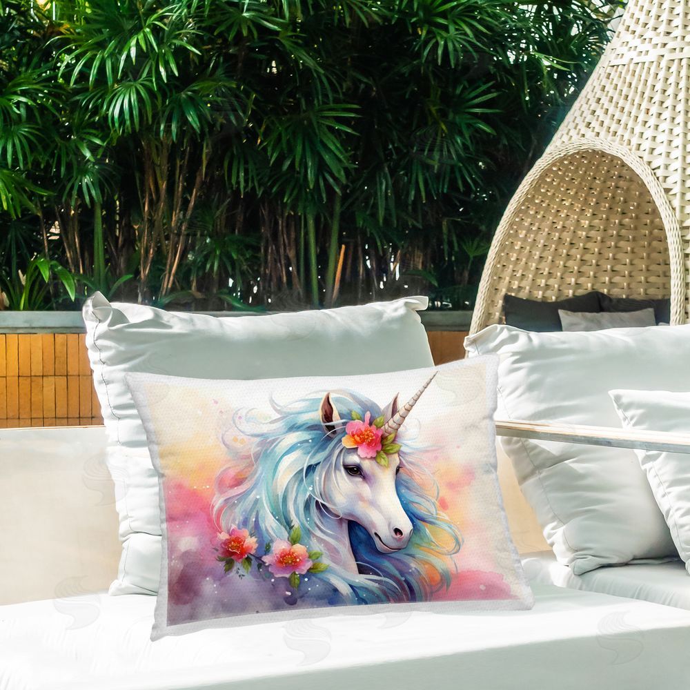 Creative Studio Magical Unicorn with Blossoms Printed Throw Pillow on Patio