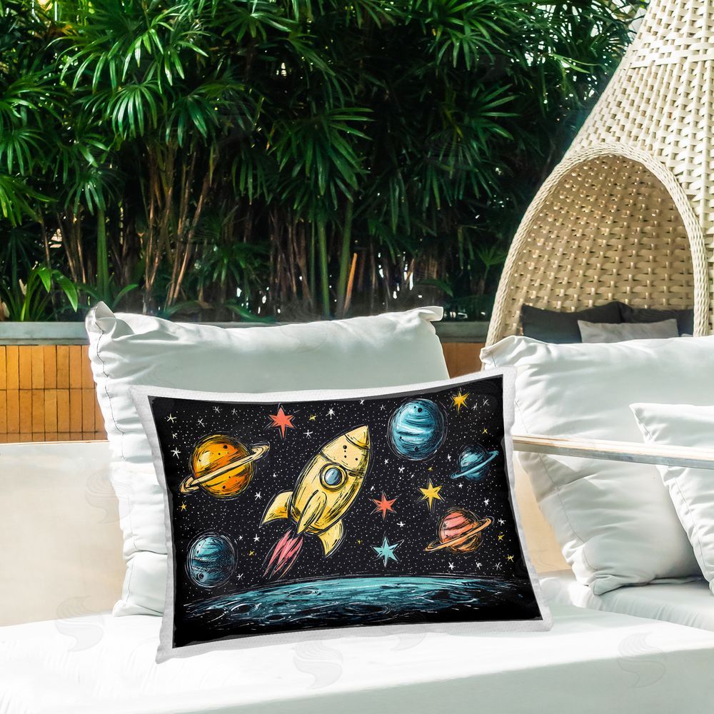 Creative Studio Whimsical Rocket & Planets Printed Throw Pillow on Patio