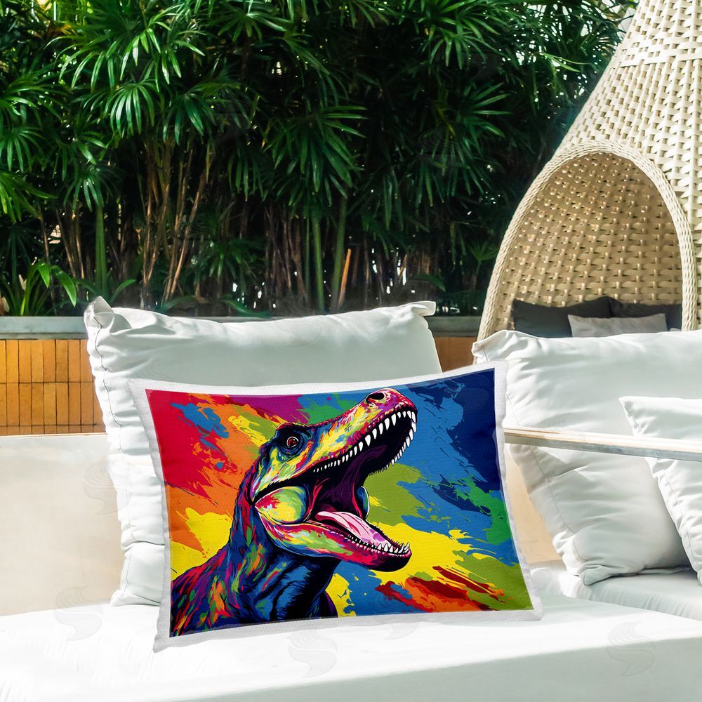 Creative Studio Brightly Colored Dinosaur Printed Throw Pillow on Patio