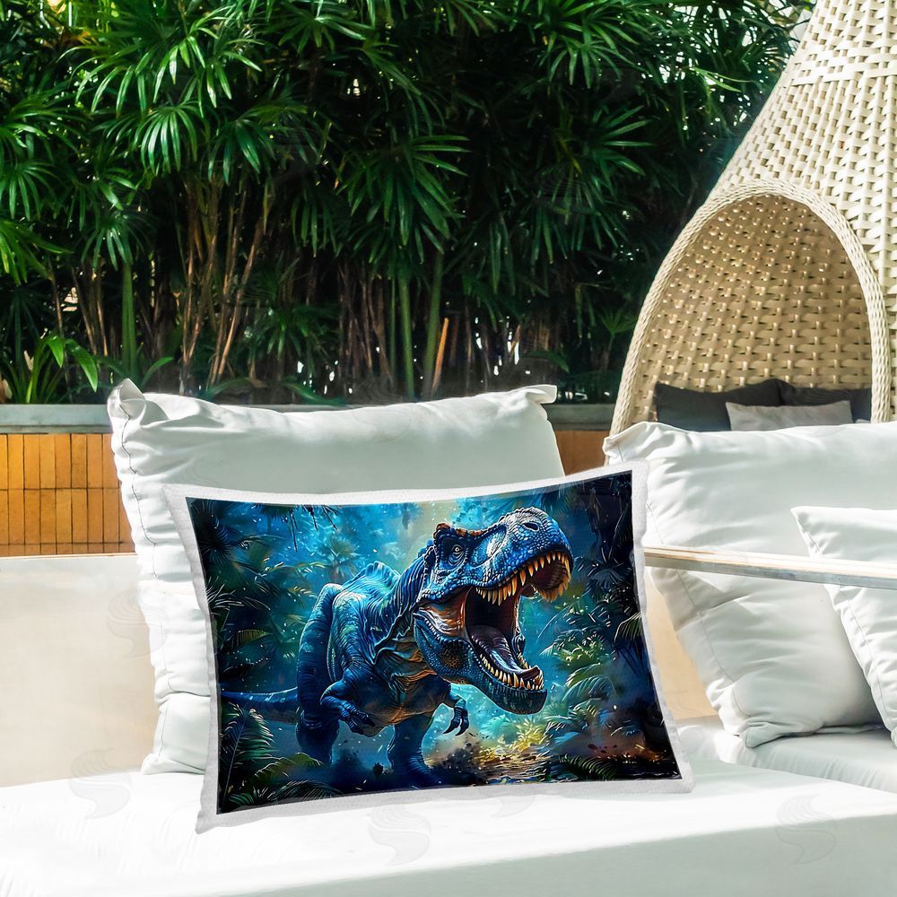 Creative Studio Blue Toned Dinosaur Roar Printed Throw Pillow on Patio