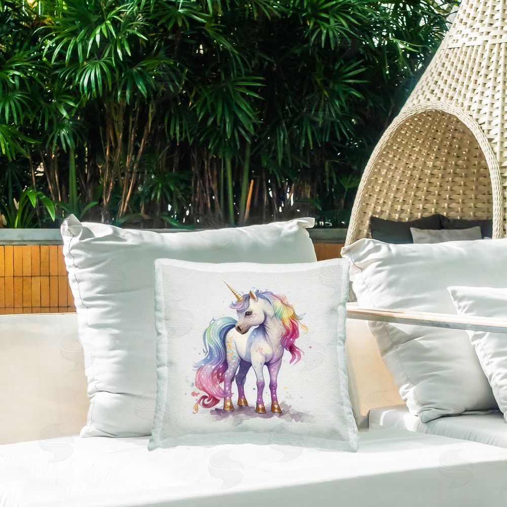 Creative Studio Watercolor Unicorn & Rainbow Mane Outdoor Printed Throw Pillow on Patio