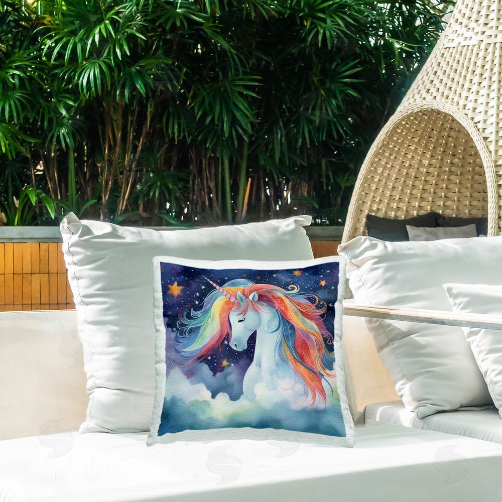 Creative Studio Rainbow Mane Unicorn in Clouds Outdoor Printed Throw Pillow on Patio