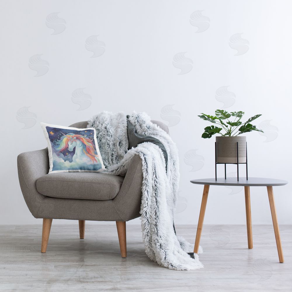Creative Studio Rainbow Mane Unicorn in Clouds Printed Throw Pillow in Room