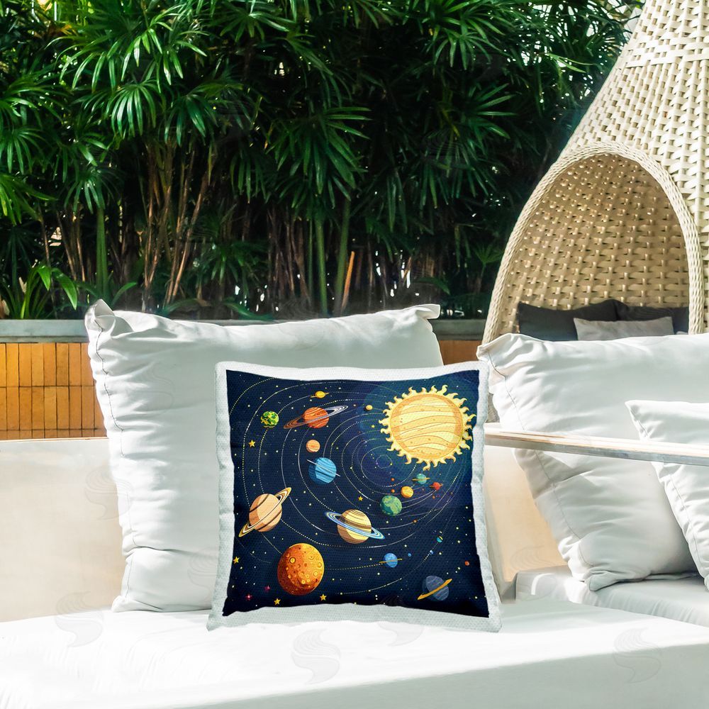 Creative Studio Planets Around The Sun Outdoor Printed Throw Pillow on Patio