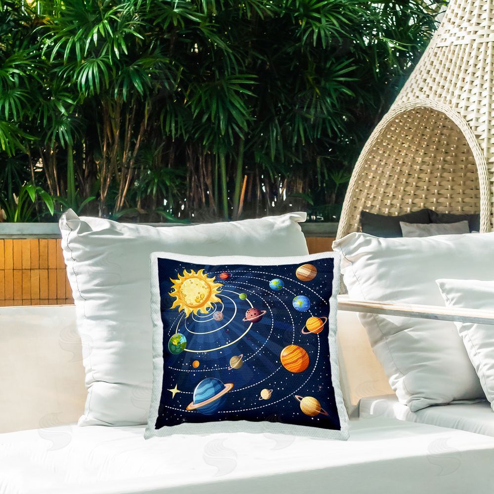 Creative Studio Planets In Orbit Outdoor Printed Throw Pillow on Patio
