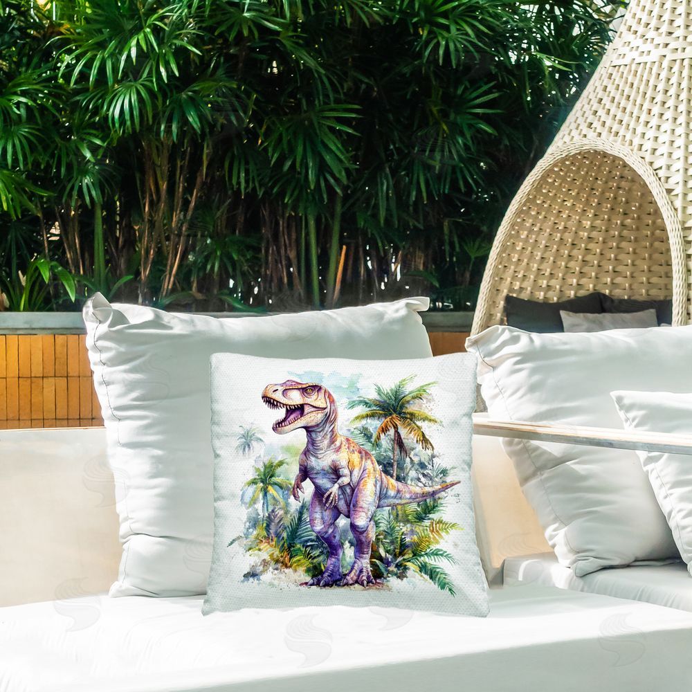 Creative Studio T-Rex Among Palm Trees Outdoor Printed Throw Pillow on Patio