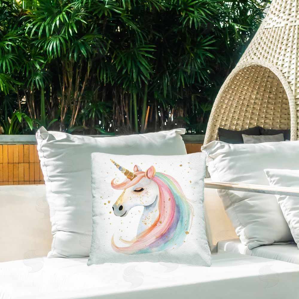 Creative Studio Gold Speckled Pastel Unicorn Outdoor Printed Throw Pillow on Patio