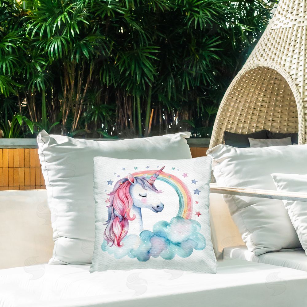 Creative Studio Starry Rainbow Unicorn Outdoor Printed Throw Pillow on Patio