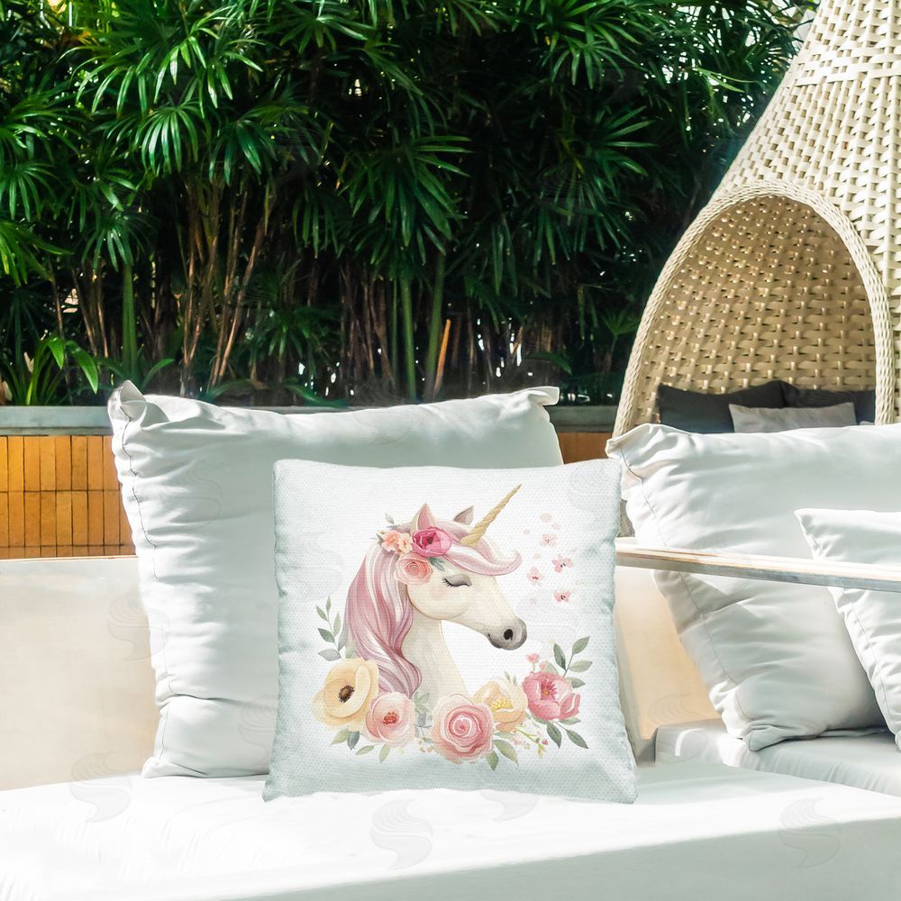 Creative Studio Unicorn with Floral Wreath Outdoor Printed Throw Pillow on Patio