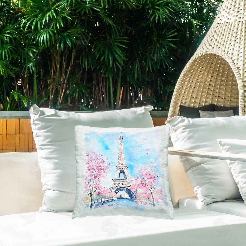 Creative Studio Eiffel Tower Cherry Blossoms Outdoor Printed Throw Pillow on Patio