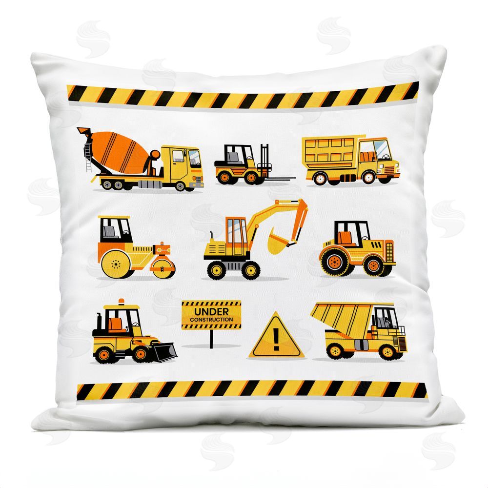 Creative Studio Construction Vehicles with Warning Outdoor Printed Throw Pillow