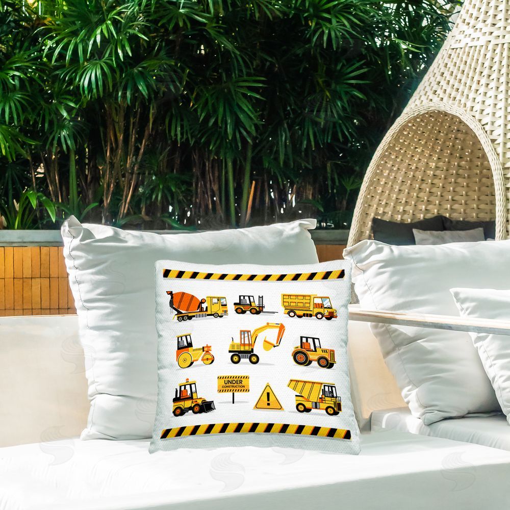 Creative Studio Construction Vehicles with Warning Outdoor Printed Throw Pillow on Patio