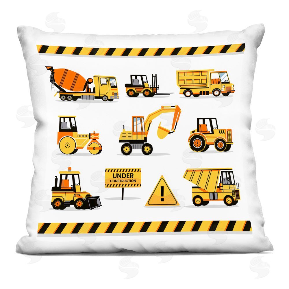 Creative Studio Construction Vehicles with Warning Printed Throw Pillow