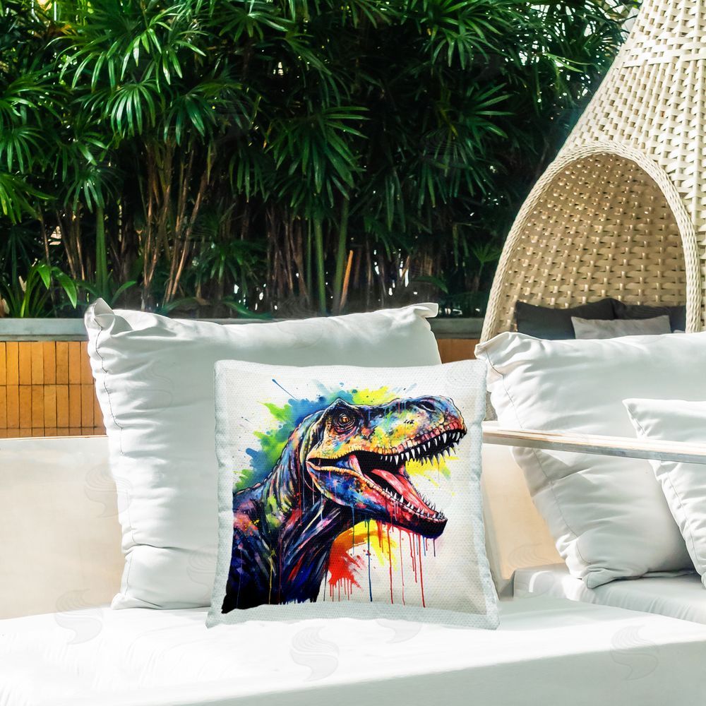 Creative Studio Colorful T-Rex Roaring Outdoor Printed Throw Pillow on Patio