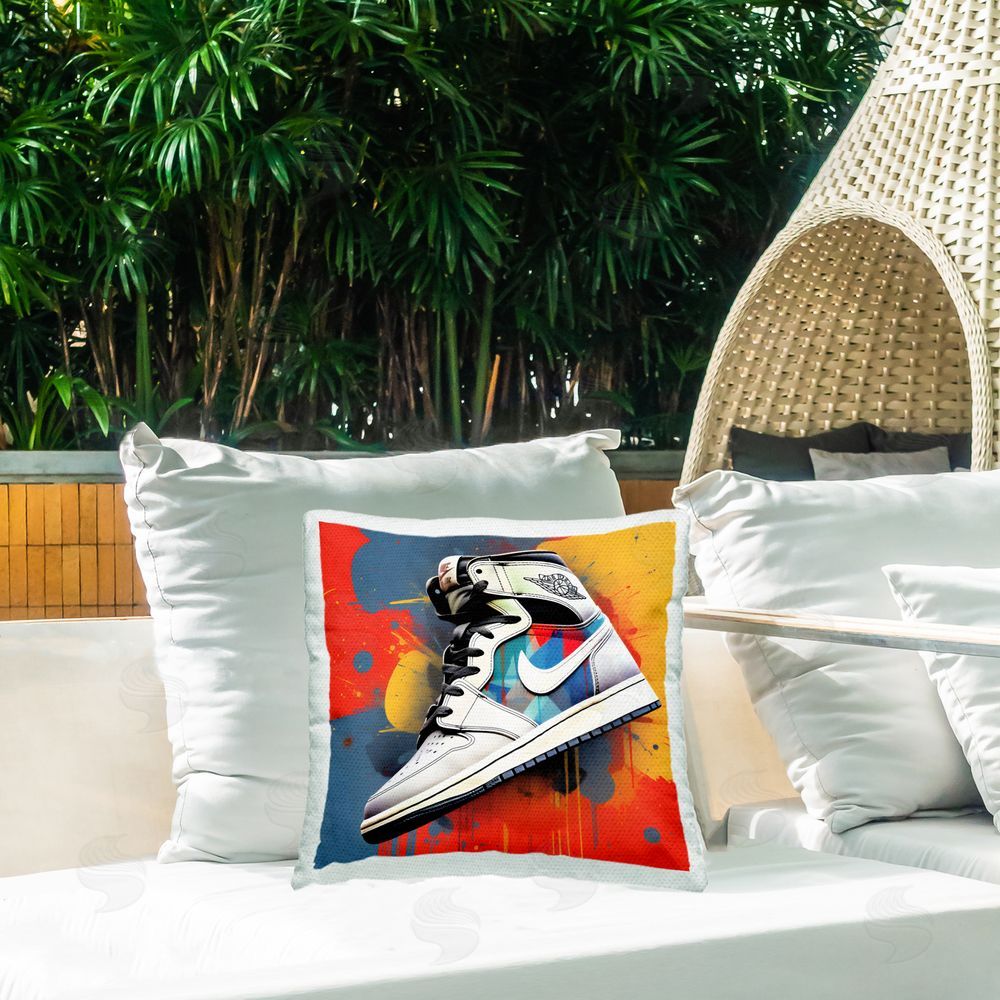Creative Studio Shoe With Colorblock Background Outdoor Printed Throw Pillow on Patio