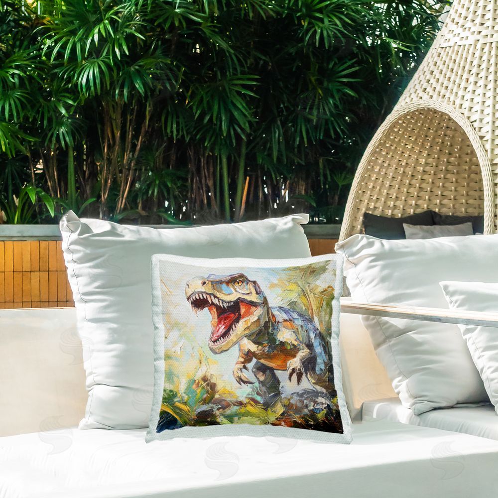 Creative Studio Enchanting T-Rex Roar Outdoor Printed Throw Pillow on Patio