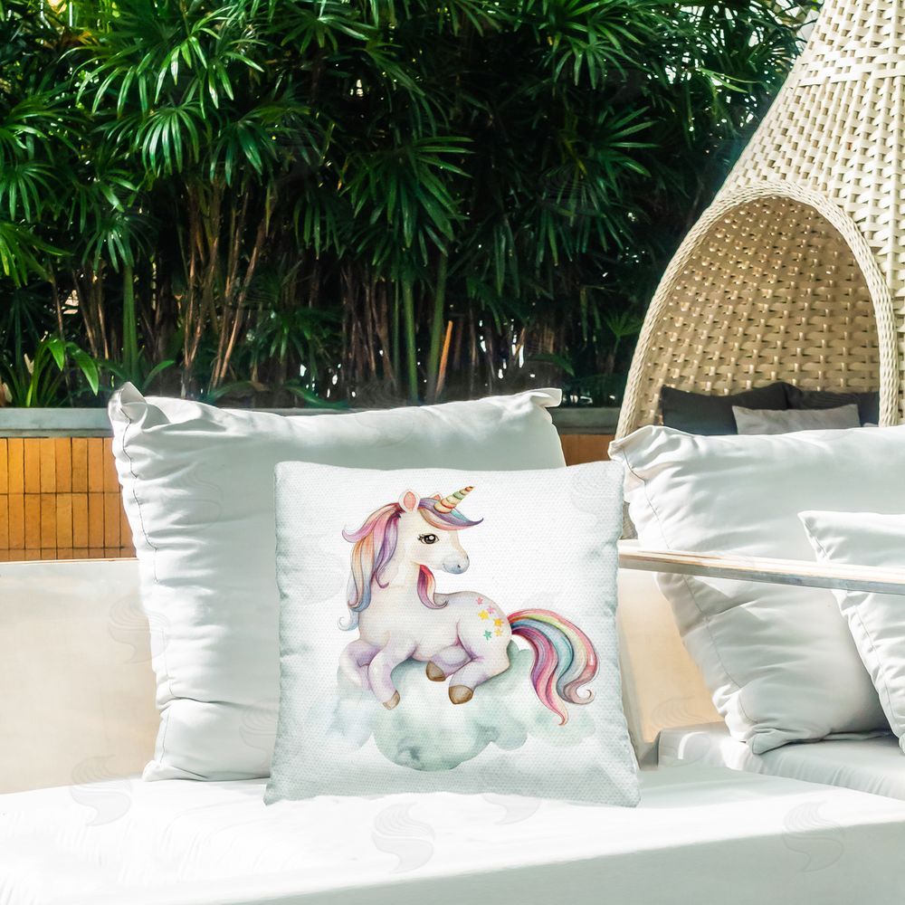 Creative Studio Rainbow Unicorn on Cloud Outdoor Printed Throw Pillow on Patio