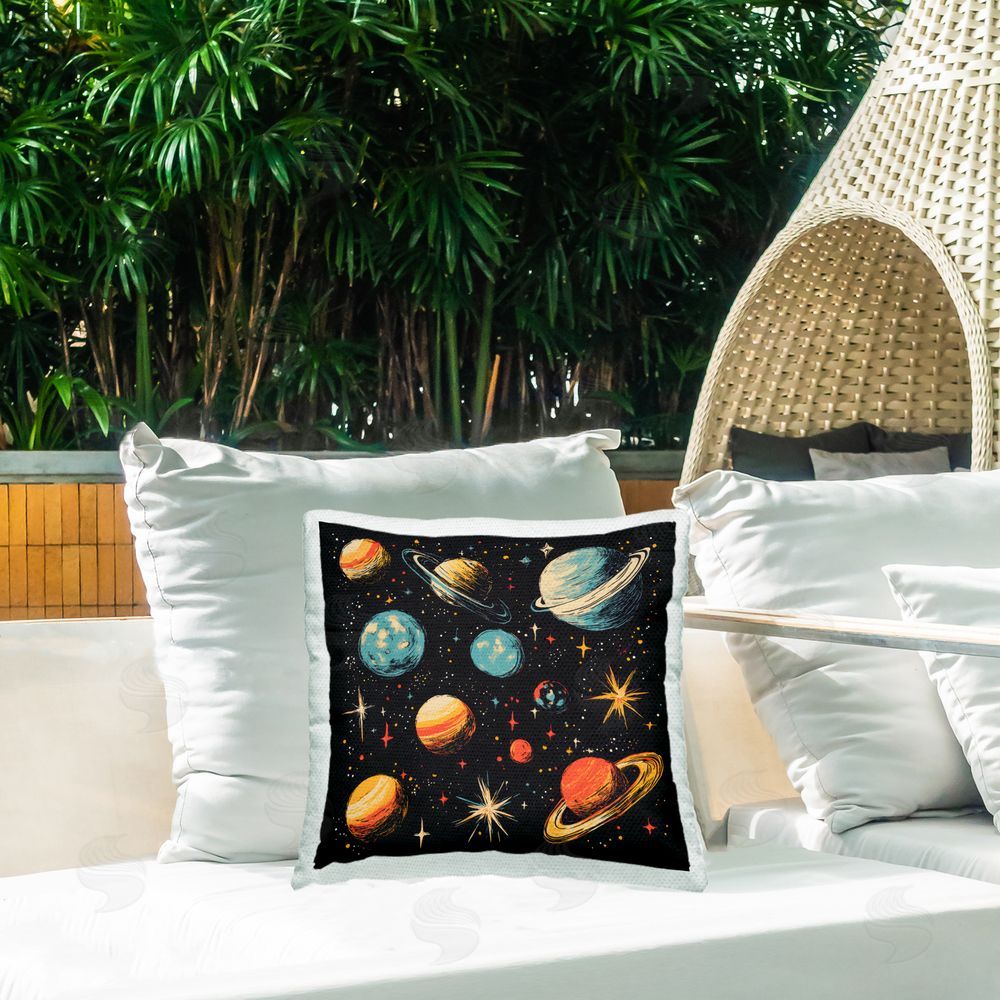 Creative Studio Colorful Retro Planets Outdoor Printed Throw Pillow on Patio