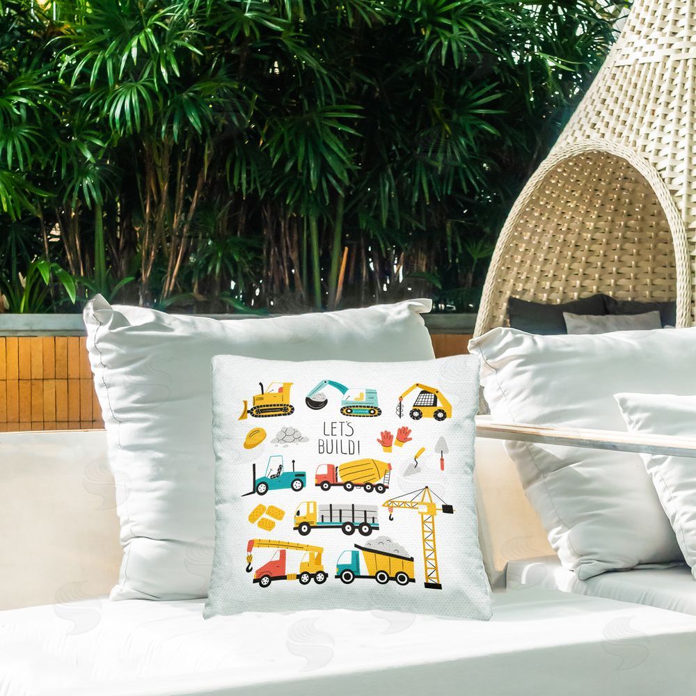 Creative Studio Let's Build Various Construction Trucks Outdoor Printed Throw Pillow on Patio