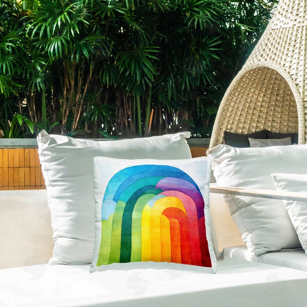 Creative Studio Vibrant Rainbow Arch Abstraction Outdoor Printed Throw Pillow on Patio