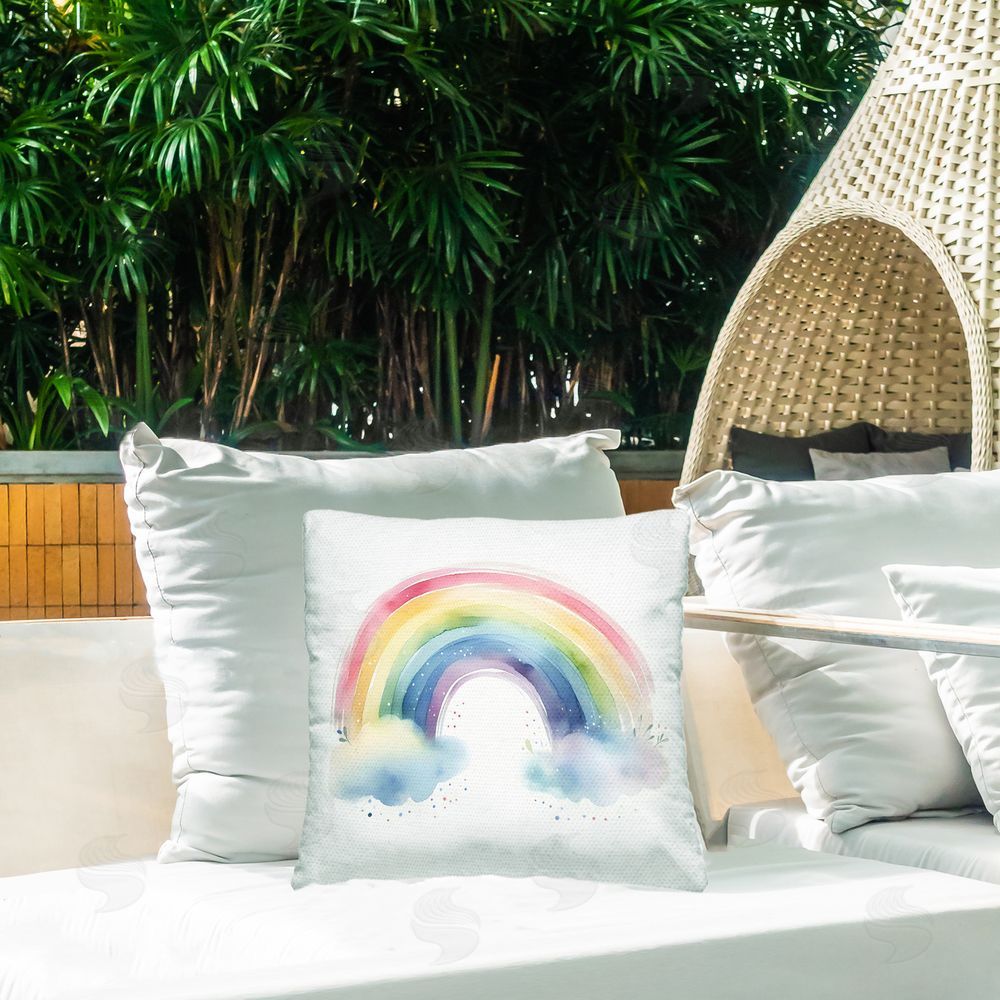 Creative Studio Soft Rainbow with Clouds Outdoor Printed Throw Pillow on Patio
