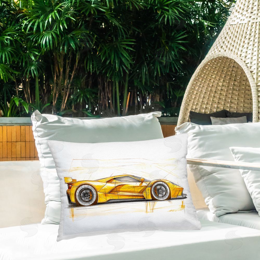 Steve Hunziker Yellow Sports Car Whimsicality Printed Throw Pillow on Patio