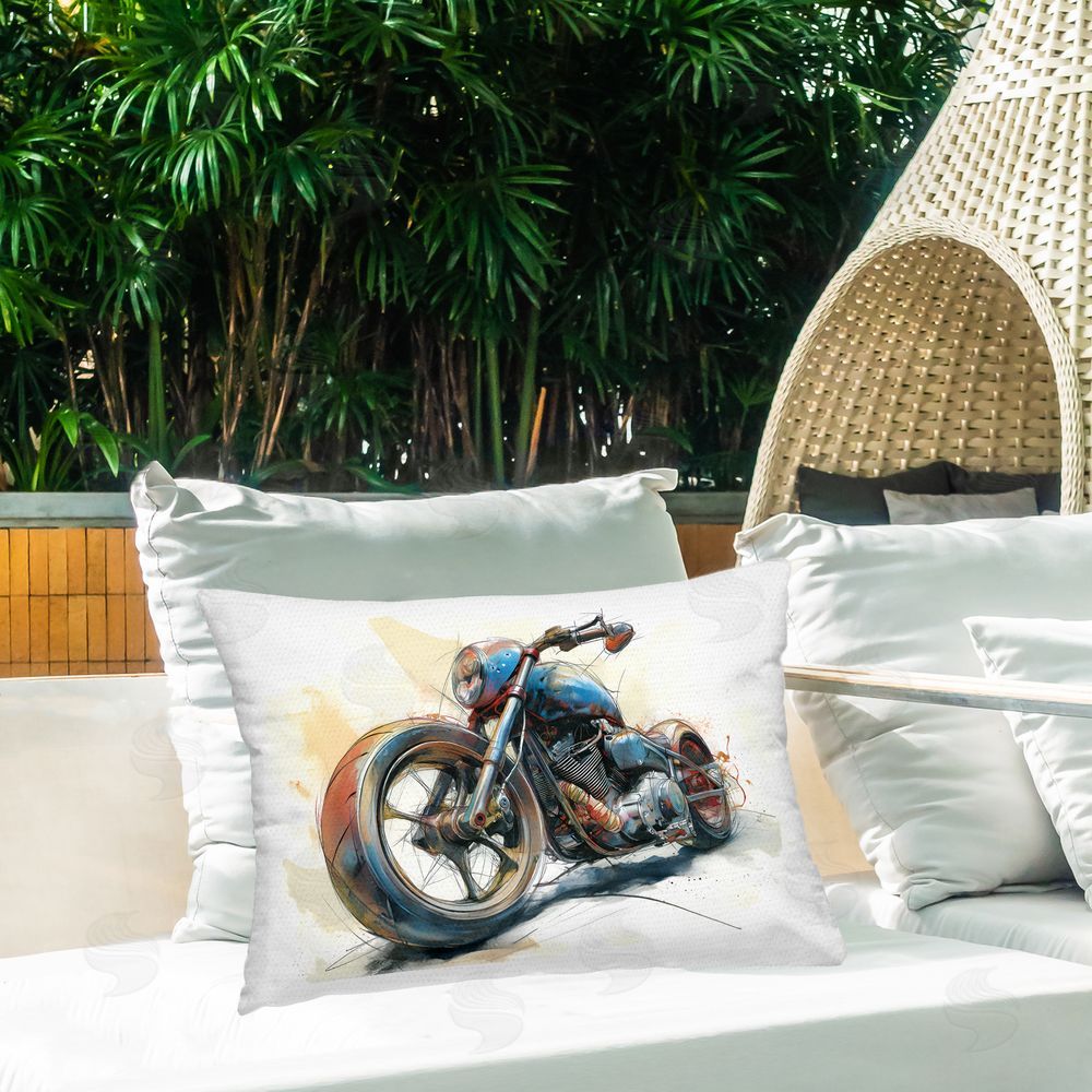 Steve Hunziker Whimsical Motorcycle Concept Printed Throw Pillow on Patio