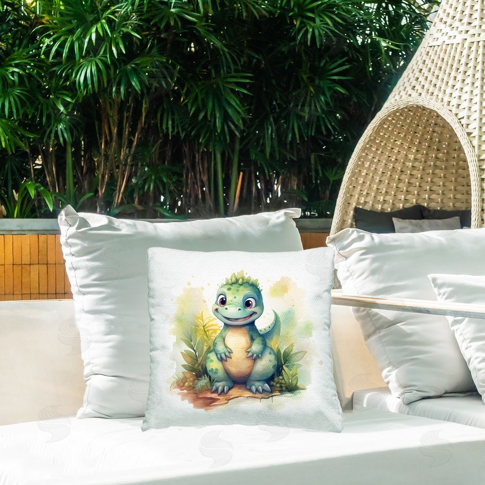 Steve Hunziker Crafty Smiling Dinosaur Outdoor Printed Throw Pillow on Patio