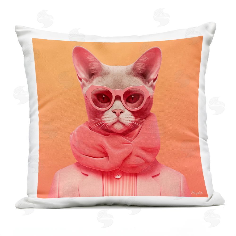 Roozbeh Retro Glasses Cat on Orange Outdoor Printed Throw Pillow