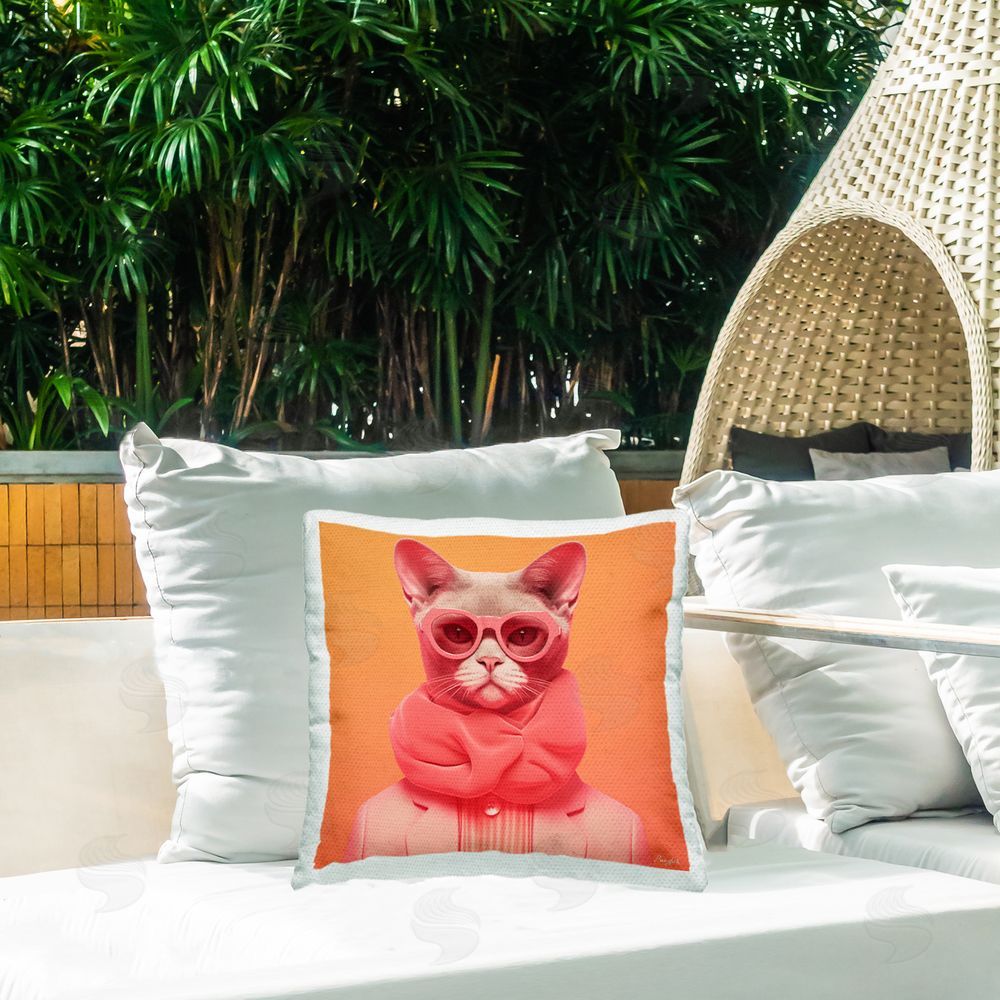 Roozbeh Retro Glasses Cat on Orange Outdoor Printed Throw Pillow on Patio