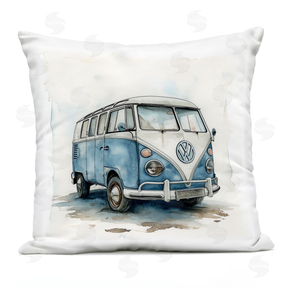 Ray Powers Sky Blue Surf Van Outdoor Printed Throw Pillow