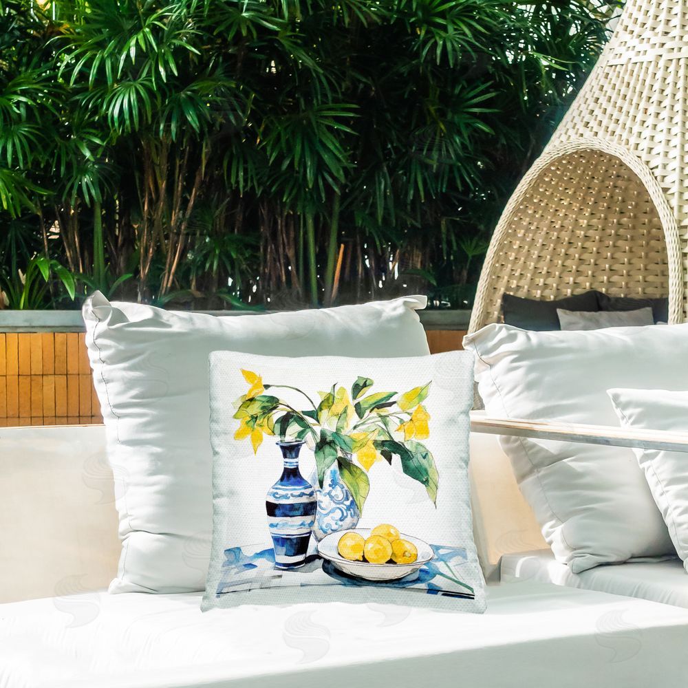 Ray Powers Lemons & Leaves Table Setting Outdoor Printed Throw Pillow on Patio