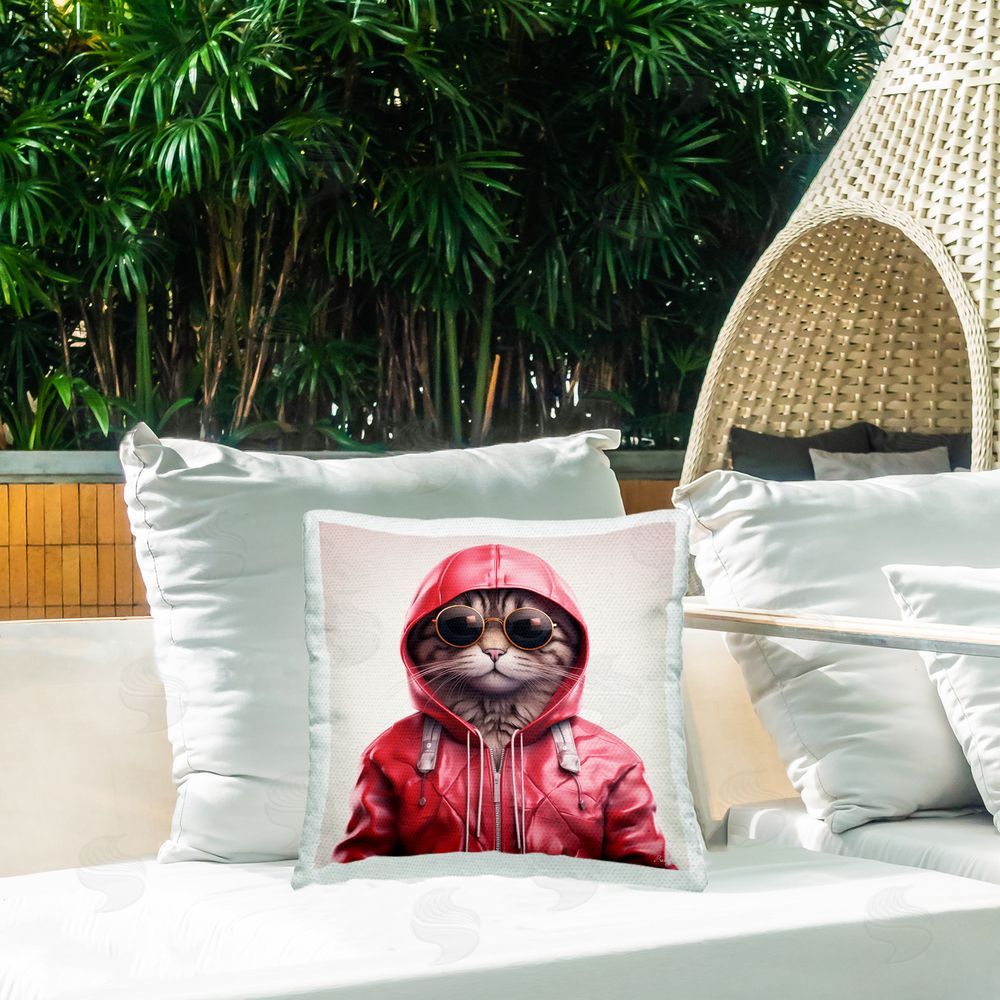 Roozbeh Hipster Cat in Stylish Jacket Outdoor Printed Throw Pillow on Patio