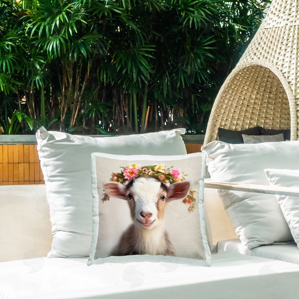 Roozbeh Flower Crowned Goat Outdoor Printed Throw Pillow on Patio