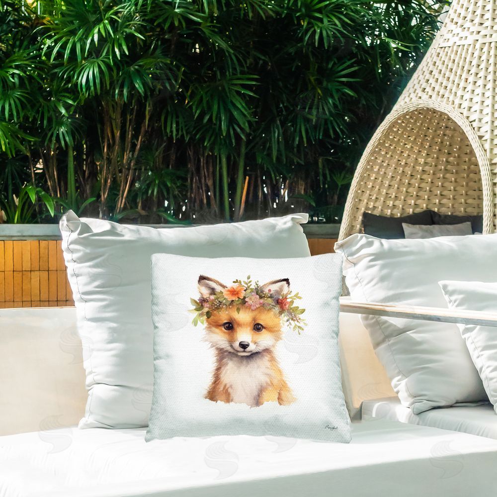 Roozbeh Woodland Fox Flower Crown Outdoor Printed Throw Pillow on Patio