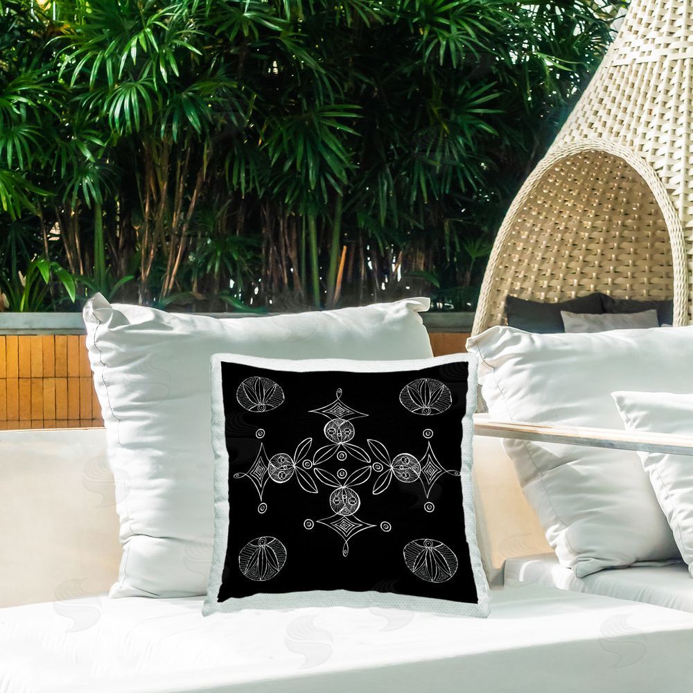 El Perkin Simple Monochrome Fractals Outdoor Printed Throw Pillow on Patio