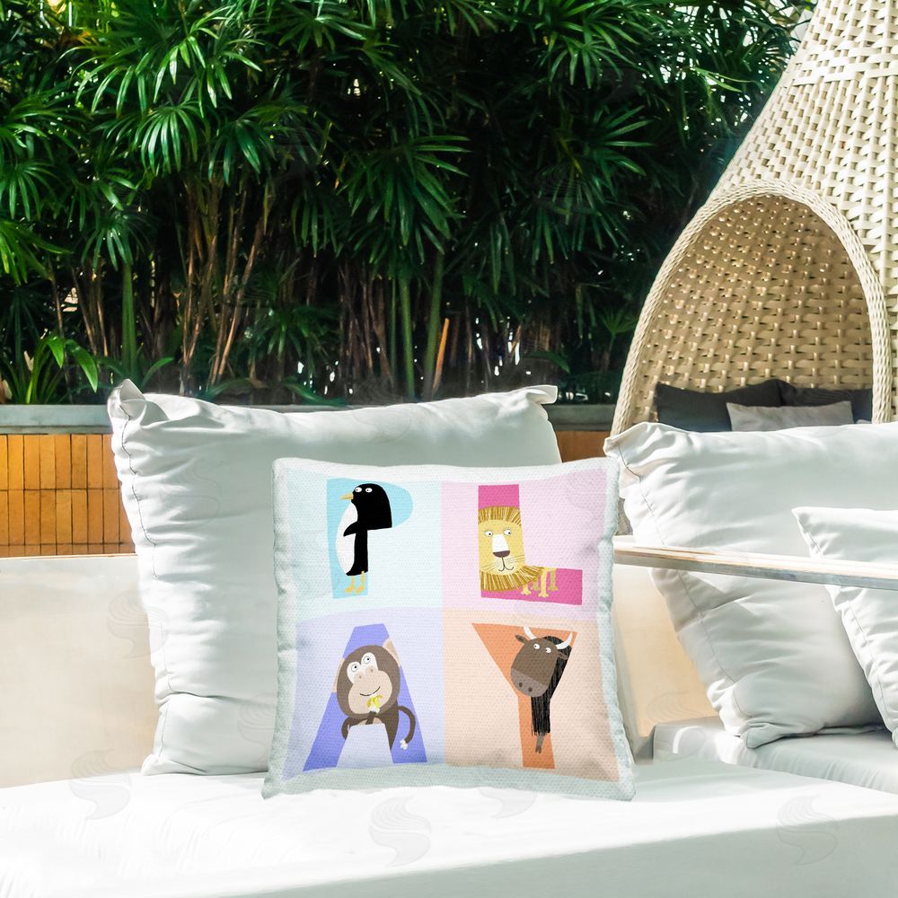 Carla Daly Play Letters Squares with Animals Outdoor Printed Throw Pillow on Patio