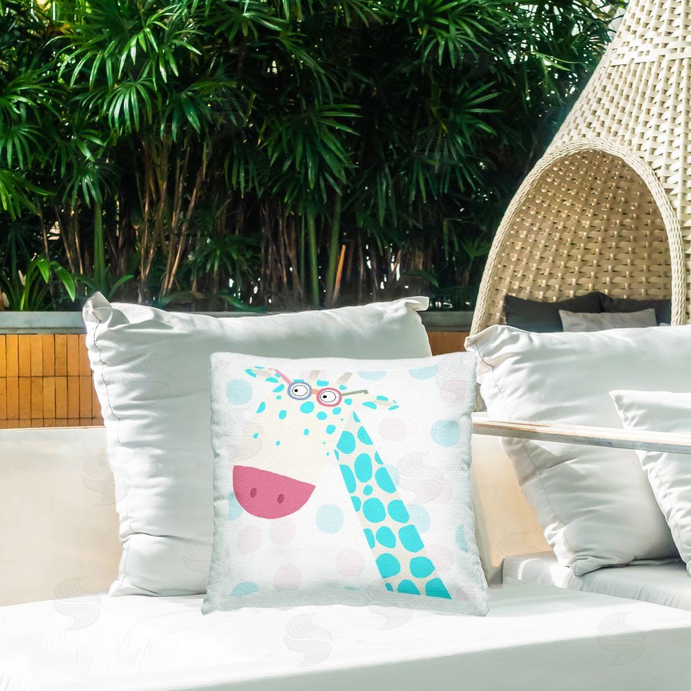 Carla Daly Electric Blue Giraffe Outdoor Printed Throw Pillow on Patio