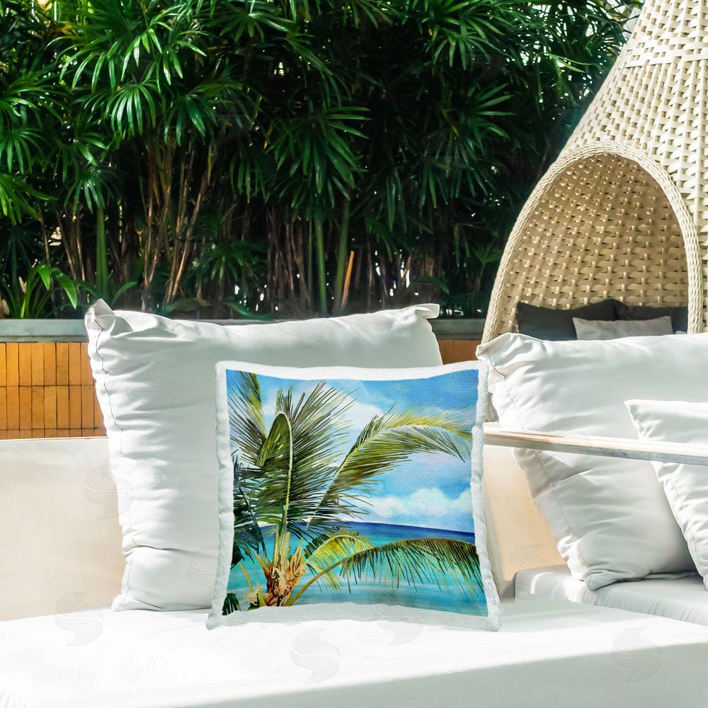 Mauro Devereaux Lush Palm Watercolor View Outdoor Printed Throw Pillow on Patio