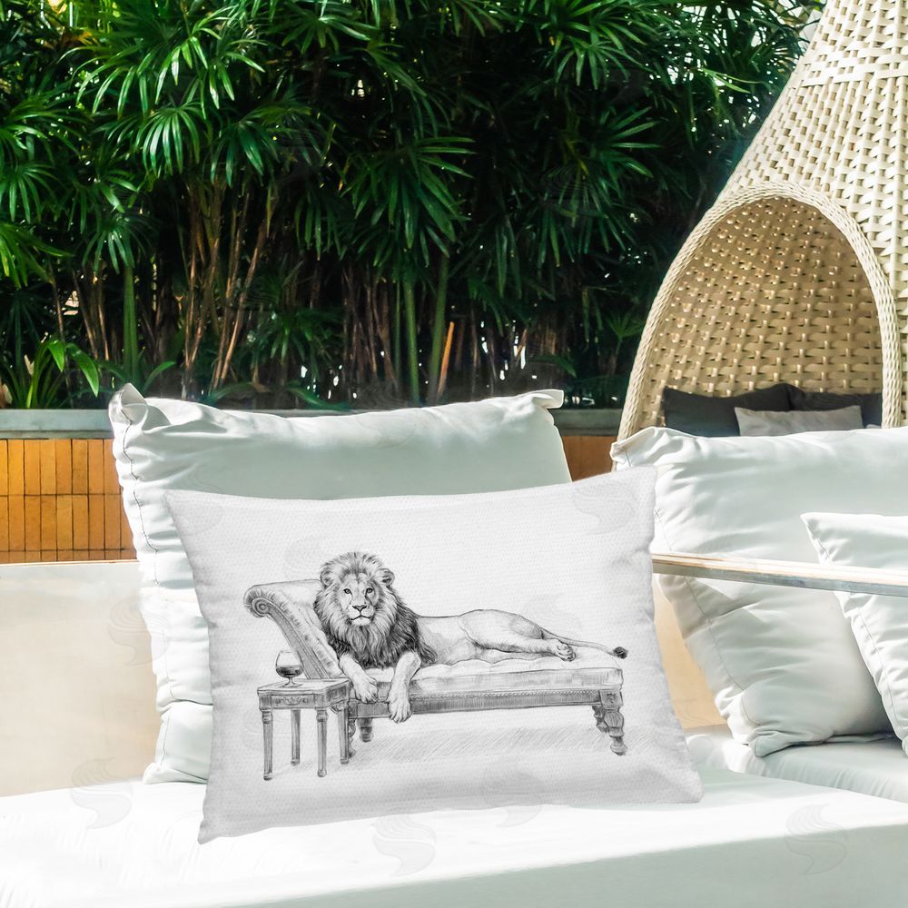 Victoria Barnes Lounging Beast Lion Printed Throw Pillow on Patio
