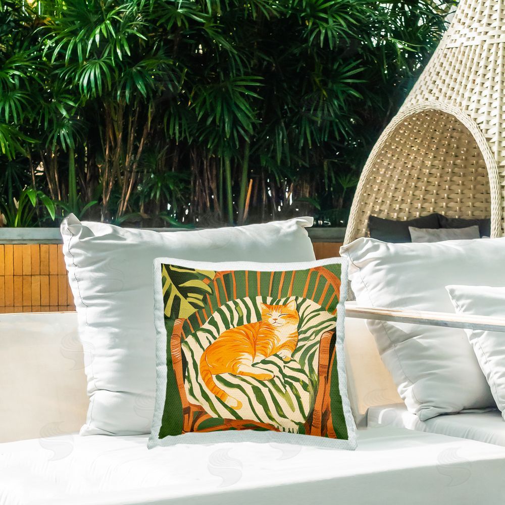 Walker Noble Orange Cat in Rattan Chair Outdoor Printed Throw Pillow on Patio