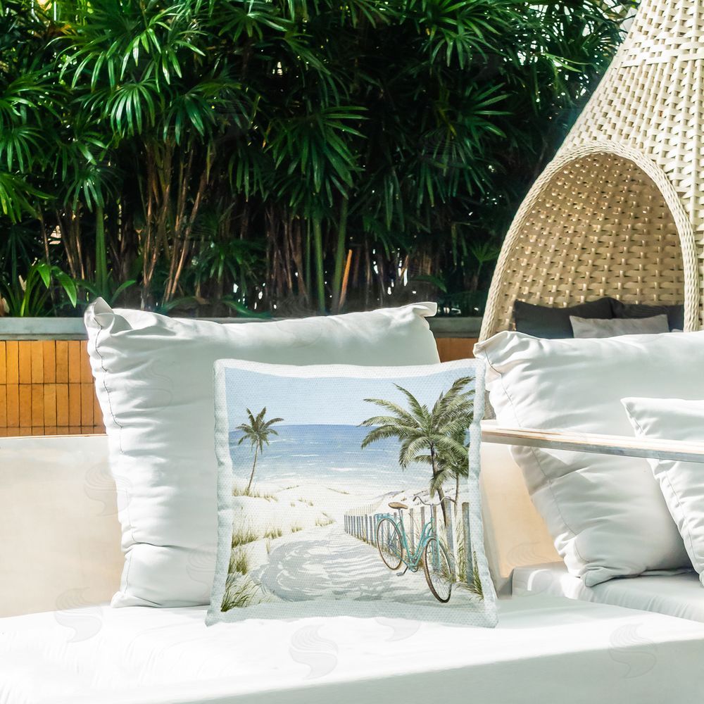 Lorenzo Collective Beach Bike Coastal Scene Outdoor Printed Throw Pillow on Patio