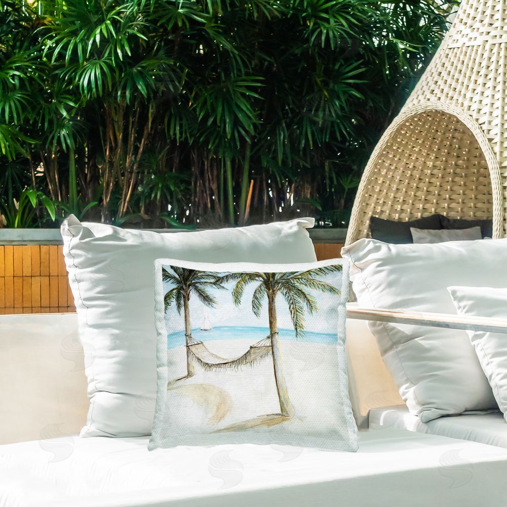 Lorenzo Collective Beach Hammock Coastal Scene Outdoor Printed Throw Pillow on Patio