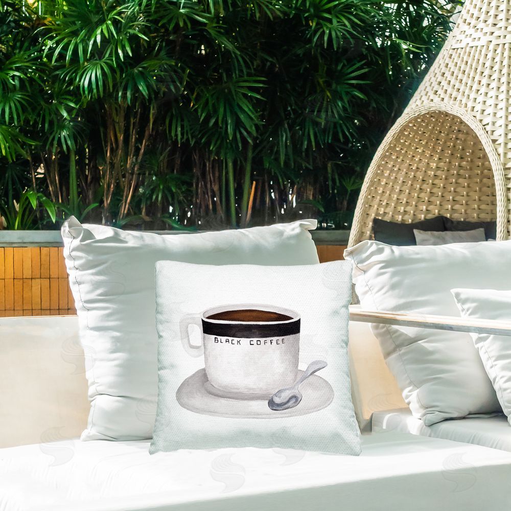 Elizabeth Medley Black Coffee Mug Outdoor Printed Throw Pillow on Patio