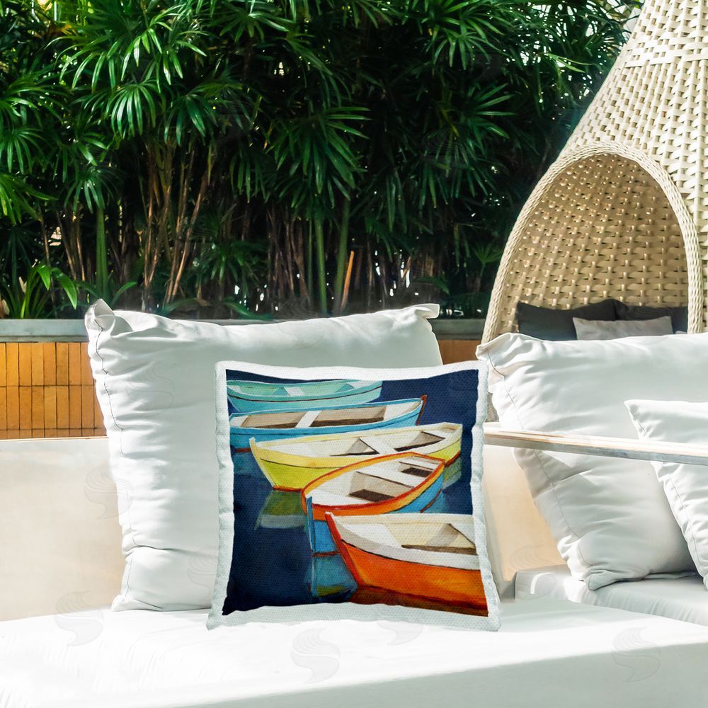 Lorenzo Collective Serene Rowboats in Summer Outdoor Printed Throw Pillow on Patio