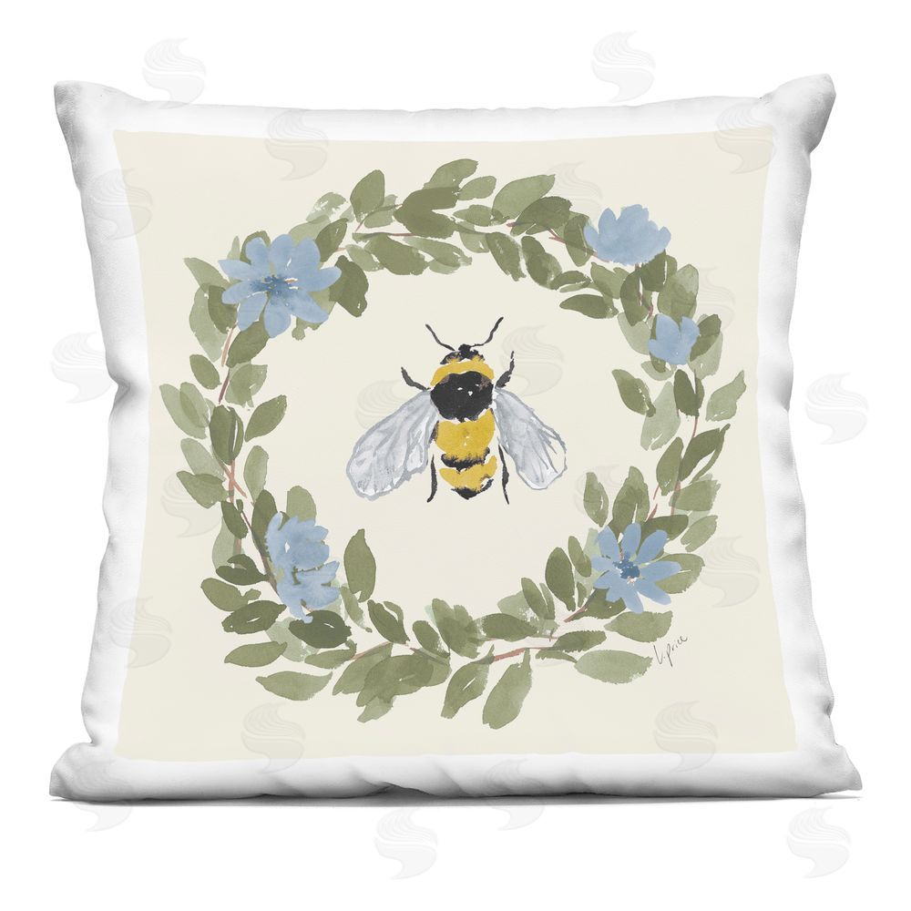 Lucille Price Honey Bee in Blue Wreath Printed Throw Pillow
