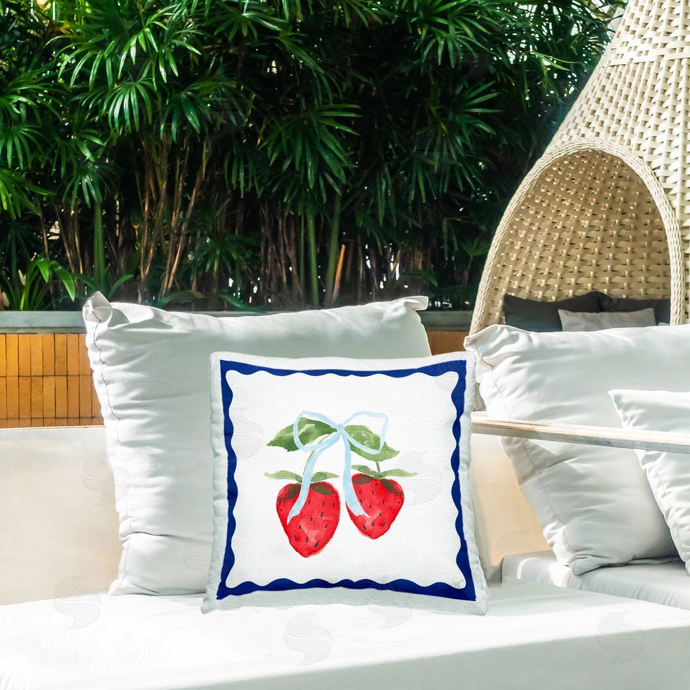 Lucille Price Strawberries & Blue Ribbon Outdoor Printed Throw Pillow on Patio