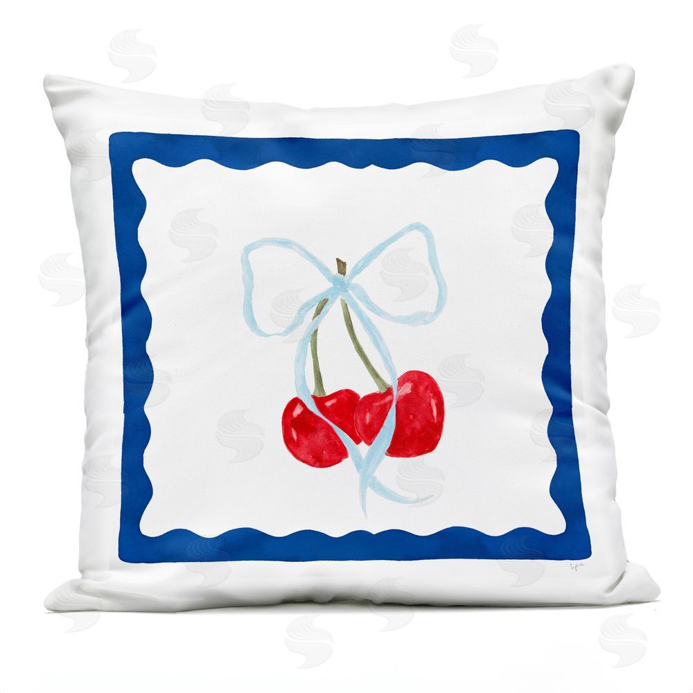 Lucille Price Cherries & Blue Ribbon Outdoor Printed Throw Pillow
