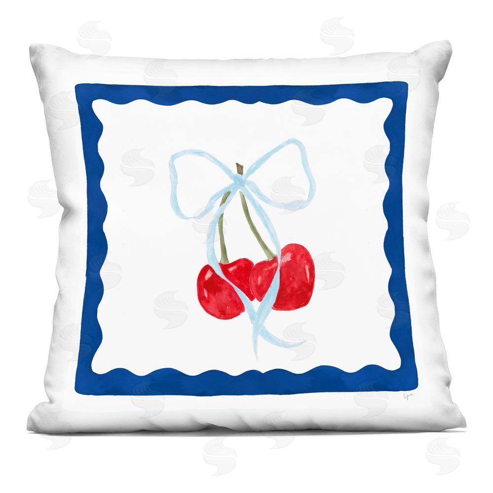 Lucille Price Cherries & Blue Ribbon Printed Throw Pillow